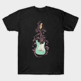 Surf Green S-Style Electric Guitar Flowering Vines T-Shirt